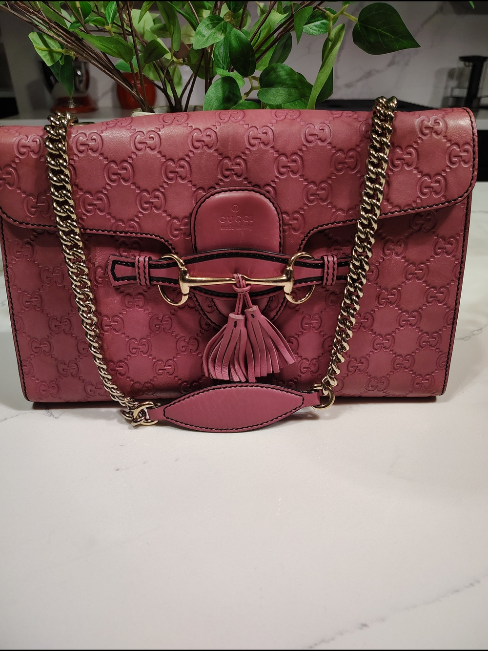 Gucci Rose Pink GG-Embossed Leather Shoulder Bag with Gold Chain
